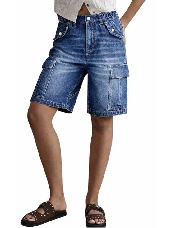 Flamingals Pants - Flamingals High Rise Cargo Bermuda Denim Shorts XL